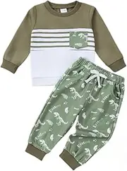 [Bekarsy] Toddler Baby Boy Fall Winter Clothes Long Sleeve Striped Sweatshirt Pullover Tops Dinosaur Pants Outfit Set 12 Months-4T