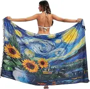 [RPLIFE] Starry Night Sunflowers Blue Swim Suit Sarongs, Honeymoon Sarong, Pool Sarong Wrap Women, Beach Cover Women Summer