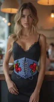 Women Light Blue Denim Waisted Corset Elastic Strap Belt Red Flower Fit Size S M
