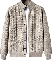 [SWJGLITTR] Men's Button Stand Collar Cardigan Ribbed Cardigans Sweater with Pockets Down Cable Knitted Men Sweater Jackets