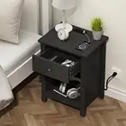 Nightstand with Charging Station, Wooden Top Bedside Table with Drawer 1 Black