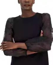 Retail $109 Anne Klein Women's Crewneck Sheer-Puff-Sleeve Top - Black, Size M
