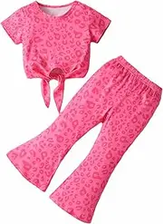 [Coralup] Girls Two Piece Leopard Short Sleeve Knotted T-Shirt and Flare Pants Sets Kids Summer Casual Sets 1-7 Years