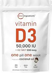 MICROINGREDIENTS Vitamin D3 50,000 IU Plus K2 (MK-7) 200 mcg, 240 Virgin Coconut Oil Softgels | 2 in 1 Vitamins D & K Complex Supports Calcium Absorption, Bone, Immune, Heart Health Easy to Swallow