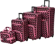 [Rockland] Fashion Softside Upright Luggage Set, Color, One Size, Black/Pink Dot, 4-Piece Set (14/20/24/28), Fashion Softside Expandable Upright Luggage Set