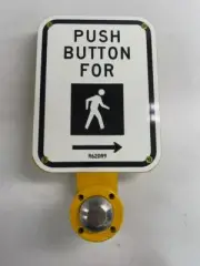 Crosswalk Pedestrian Traffic Signal Push Button, Porcelain Sign R62D, Yellow