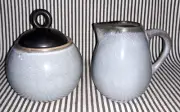 NWT LOT OF 2 SET FRANCE CRATE BARREL TOURRON JARS GRIS GRAY SUGAR BOWL & CREAMER
