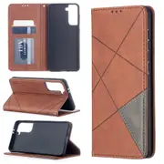 For Samsung Galaxy S21 Case Rhombus Texture Folio Magnetic PU Leather Wallet Cover, Kickstand, Brown