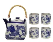 Heavenly Blue Oriental Ryu Dragon King Hexagonal Teapot With 4 Tea Cups Set