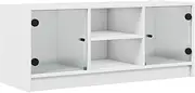 vidaXL White TV Cabinet with Glass Doors - Modern Entertainment Center, Media Stand for Living Room, Ample Storage, Engineered Wood Material, Dimensions 102x37x42 cm, Max Load 80 kg