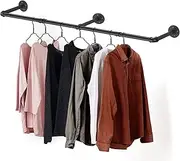 [Varsoul] Clothes Hanger Pole Wall Mount, 72" Heavy Duty Detachable Black Iron Garment Bar Hanging Rod Holder, Clothes Rail Shelf Wardrobe Organizer for Laundry Room & Closet Storage, 3 Base