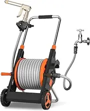 Hose Pipe Holder Foldable Garden Hose Reel Cart, Mobile Garden Trolley with Wheels, with Hose Sprayer Nozzle and 50M/164Ft 1/2'' Hose, Fully Assembled Hose Pipe Hanger