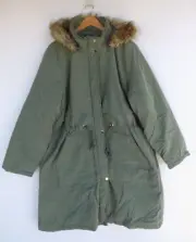 New Autograph Jacket 22 Green Anorak Drawstring Faux Fur Hood Longline Coat
