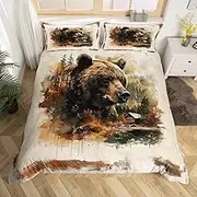 Wild Bear Kids Duvet Cover Set Queen Size,Tie-dye Graffiti Pine Trees Wooden Cabin Bedding Set,Boys Girls Room Decor,Animal Hunting Adventure Rustic Comforter Cover,Beige Quilt Cover,2 Pillowcases