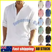 Men's Cotton Linen Long Sleeve Shirt Solid Loose Button-down Tops T Shirt