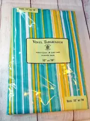 Vinyl Tablecloth 42x70 Flannel Back NEW Stripes Yellow Blue White Sultans Linens