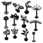 Black Flat Back Labret Piercing Crystal Tragus Helix Cartilage Bar Studs Earring