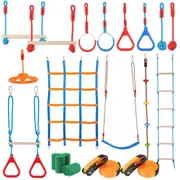 Kids Outdoor Ninja Warrior Obstacle Course with 14 Challenges and Slackline