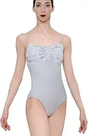 [Wearmoi] Wear Moi LEO056LGRS Women's Ballet Camisole Leotard, Floral Pattern, Gathered Microfiber, Small Size, Light Gray