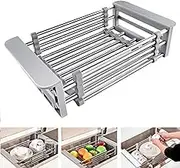Leona Co Retractable Stainless Steel Sink Strainer Drain, Telescopic Drain Basket with Adjustable Armrest, Kitchen Rack Drain Basket, Over The Sink Dish Drying Rack
