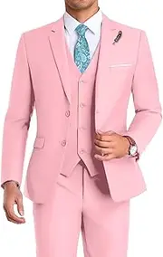 [Mrbuerly] Men Suit 3 Pieces Slim Fit, Groomsmen Business Jacket Vest Pant with Tie 2 Buttons Prom Tuxedo Xs/3630, Pink, 6X-Large