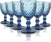Qulable Wine Glasses Set of 6 | Vintage Red Wine Goblets Glassware Sets, Crystal Colored Drinking Glasses, Diamond Pattern Stemmed Goblet Set for Wedding Party Restaurant, Dishwasher Safe (8oz Blue)