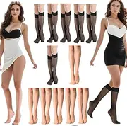 [YCZARD] Women's Lace Knee High Stockings, 12Pairs Women's Fishnet Stockings Hollow Black White Calf Socks Sexy Silk Stockings Knee High Tight, Women's Knee-High Socks for Women Lady Gril UK Size 4-7,