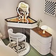 Corner Vanity with Mirror and Lights，Makeup Table Set with Chair Glass Top Vanity Table with Drawers Telescopic Dresser Vanity Desk for Women(White,80CM_B)