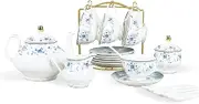 fanquare 15 Piece Blue Rose Porcelain Tea Set, British Floral Teapot with Tea Cups, Women Tea Party Set for 6 (FKT0529)