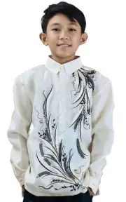 Kids Modern Feather White Barong Tagalog with Black Embroidery ORDER US SIZE
