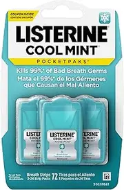 Listerine Cool Mint Pocketpaks Portable Fresh Breath Strips to Kill 99% of Bad Breath Germs* On-the-Go, 72-strip pack (Pack of 6)