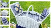 Picnic Basket Willow for 4 Persons, Large Wicker Hamper Set with Big Insulated C
