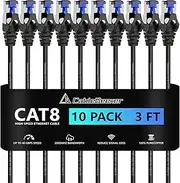CableGeeker Patch Cables Cat8 3ft 10 Pack Slim, Cat8 Ethernet Patch Cable 40G 2000MHz Support, Snagless RJ45 Cat 8 Patch Cable for Patch Panel to Switch, Flexiable Network Cable - 3 Feet Black