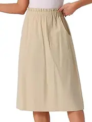 [Allegra K] Women's Peasant Vintage Elastic Waist Cotton Skirt A-Line Midi Scrub Skirts with Pockets