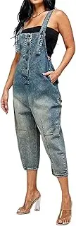 [Chartou] Women's Casual Loose Fit Jean Jumpsuit Overalls Crop Harem Denim Pants