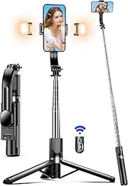 Quixnova Selfie Stick Tripod with 2 Lights, Extendable 5 in 1 Selfie Stick Phone Tripod, Portable Selfie Sticks with Wireless Remote Compatible with iPhone 16/15/14 Pro Max, Samsung, Android, Gopro