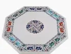 Octagon White Marble Coffee Table Top Elephant Design Inlay Work Breakfast Table