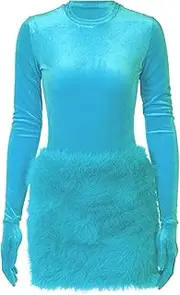[HGps8w] Sexy Two Piece Outfit for Women Party Night Club Skirt Sets Velvet Long Sleeve Bodysuits and Feather Mini Skirts
