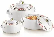 Casserole Dish Thermoware Double Wall Hot Crock Pot Hot Pot Chapati Box Tortilla Box 1000ml/1500ml/2000ml with Golden Handle Stainless Steel Pot for Hot and Cold Microwave Safe, Set of 3 (White)