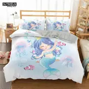 a2191 Bed Sheets Cartoon Blue Mermaid Duvet Cover Beautiful Girl With Unicorn Bed Cover Double Bedding Set For Kids3-Piece Bedding Set (1 Duvet Cove