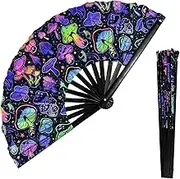 Folding Fan,Kung Fu Fan Black Bamboo Bone Oxford Cloth UV Ink Printing UV Ink Printing,Fluorescent Effect,Hand-Held Fan Silk Folding Fan Music Party Drag Queen Dance Performance Decorative Gifts