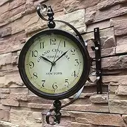 Double Sided Wall Clock Rotating Silent Wall Clock with Bracket Retro Style Wrought Iron Vintage Wall Mounted Clock for Indoor Outdoor Garden