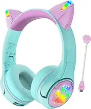 Riwbox CF9 Cat Ear Kids Bluetooth Headphones with LED Light Up,Safe 85dB Volume Limit,Built-in Mic&Boom Mic for Calls,Kids Wireless&Wired Headphones for Girls/Toddler/Online Learning/School (Green)