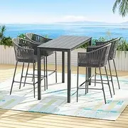 Gardeon 5pcs Outdoor Bar Set, Rope Table and Chairs Patio Furniture Bistro Dining Chair Lounge Setting, with 4 Seater Cushions, Backrest and Footrest Space Saving Grey