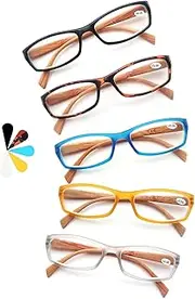 5 Pack Reading Glasses Women Men,Wood-Look Square Readers Spring Hinges 5 Pouch