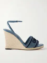 [Gucci] Gucci - Ines Appliquéd Denim And Leather Espadrille Wedge Sandals - Light blue - IT40 IT 40 Blue