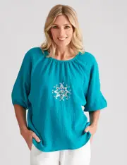 Noni B Cotton Oversize Sequin Top - Size 10 - Womens - TROPICAL GREEN