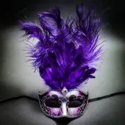 Venetian Purple Masquerade Mask Show Girl Ostrich Top Feather Eye Mask Costume