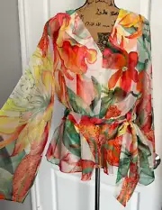 WHBM Top Long Sleeve V-Neck Lined Chiffon Belted Peplum Floral Hawaiian M