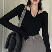 Long-Sleeve Cutout Plain Top Black - L